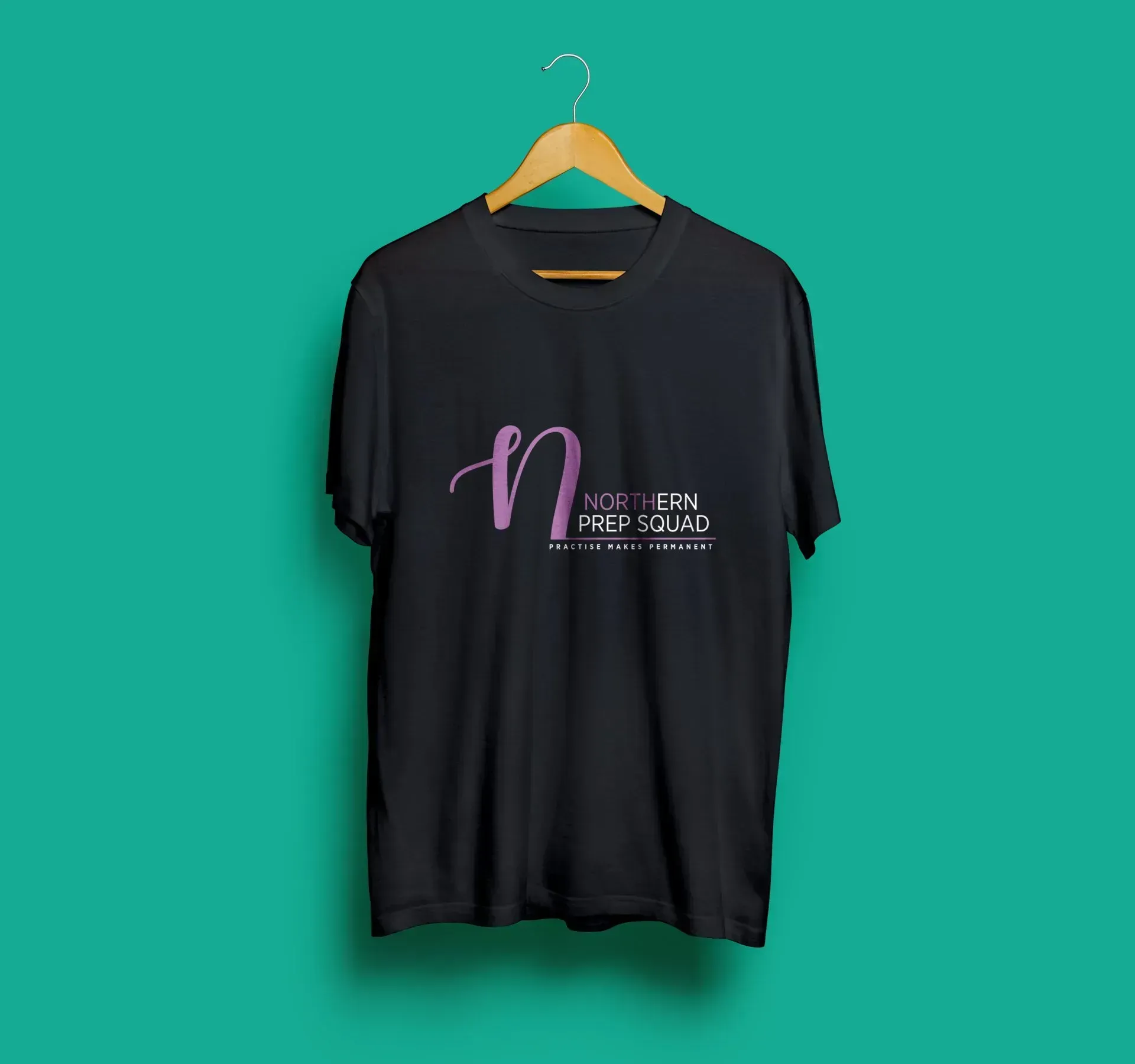 Black t-shirt with purple logo