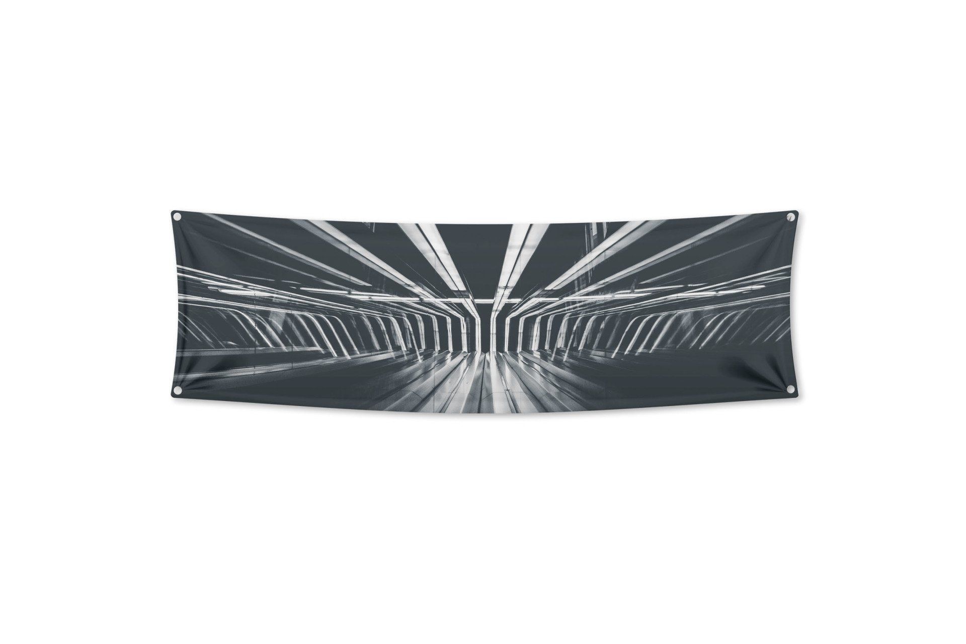 Dark banner with a white tunnel design, grommets in each corner.