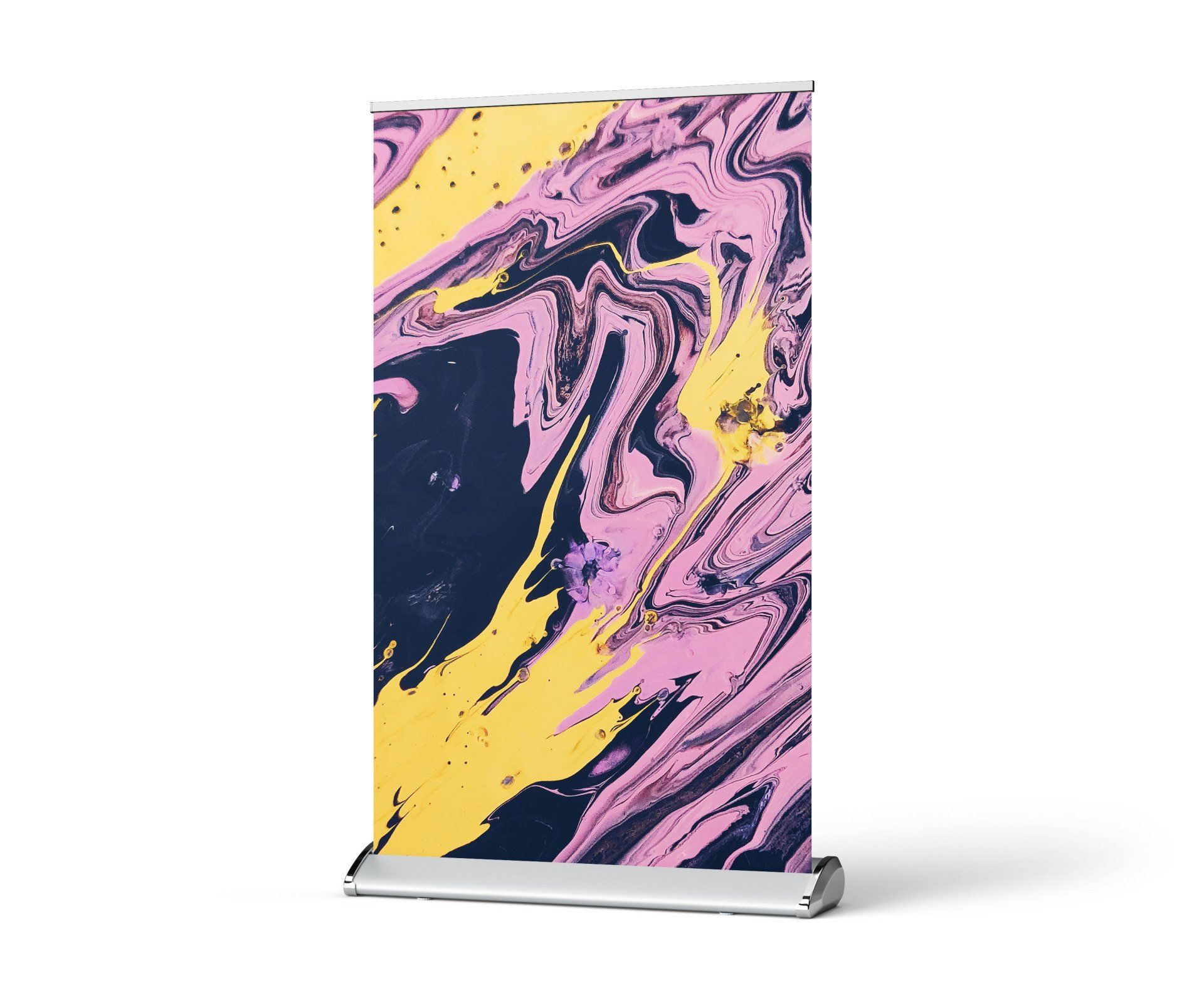 Retractable banner with abstract purple, yellow, and navy design.
