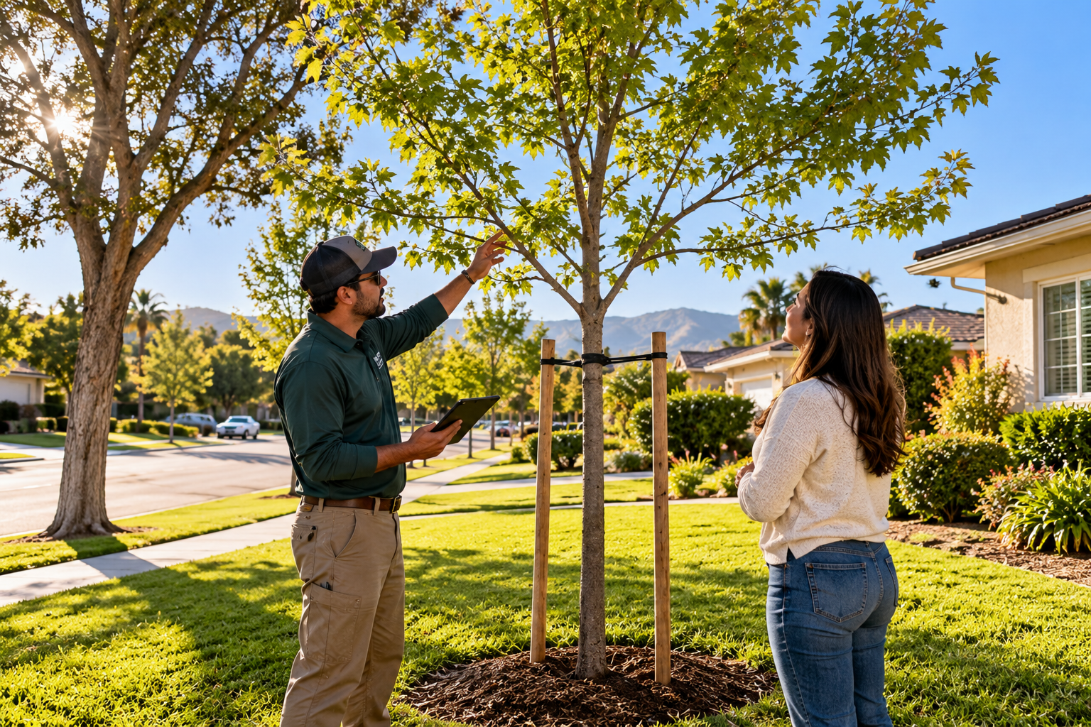 Arborist guiding a homeowner beside a young canopy tree on a West Covina front lawn with staked trunk and open scaffold limbs