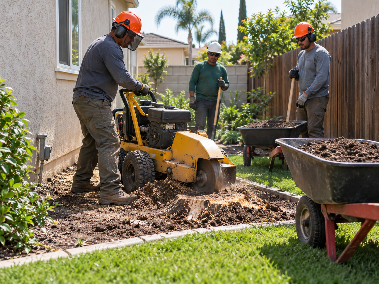 Crew in a West Covina side yard operating a stump grinder beside a fenced lawn edge with wheelbarrows of fresh fill soil