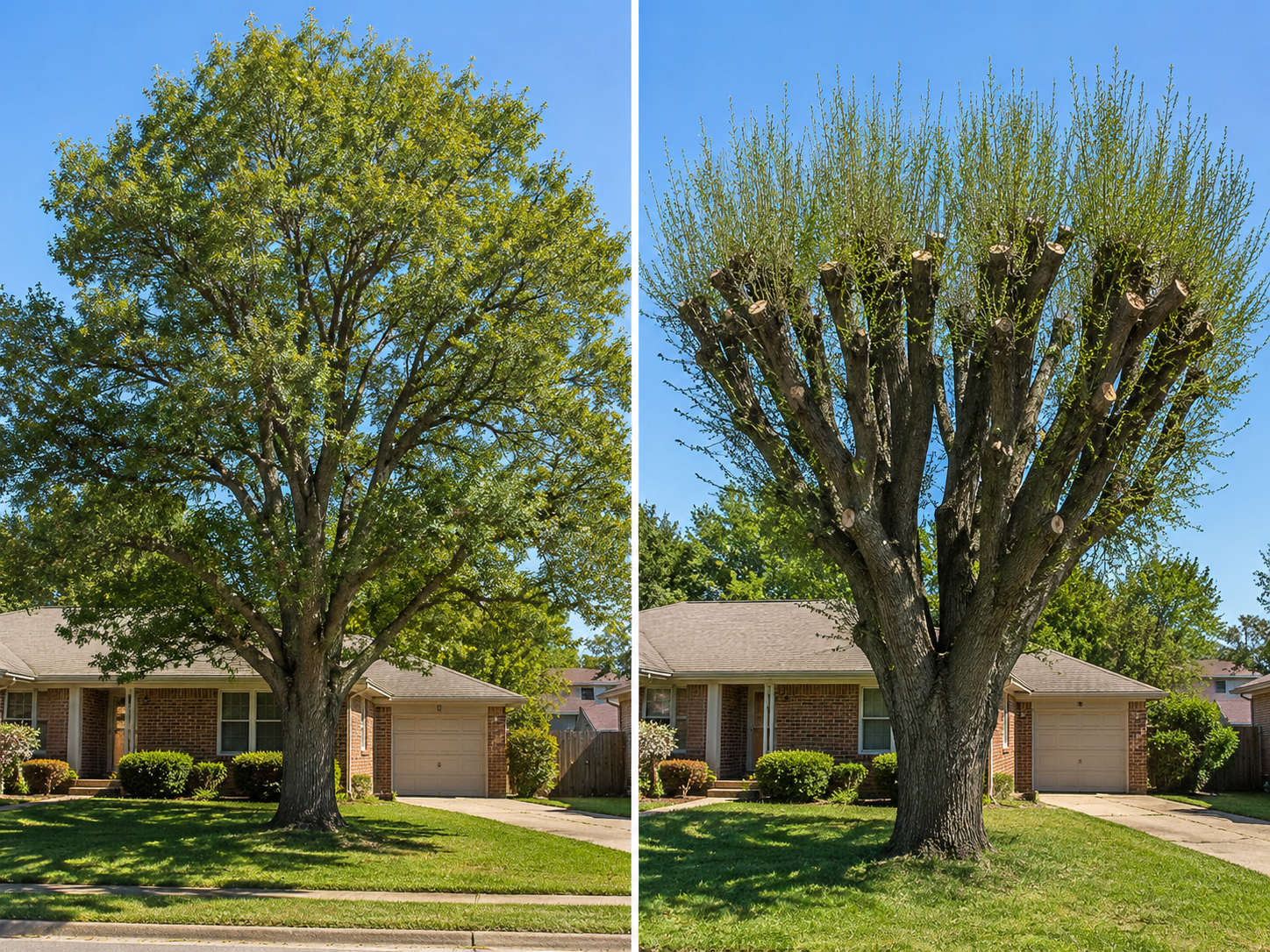 side-by-side view of a properly reduced canopy versus a topped tree with stub cuts and dense sprouts