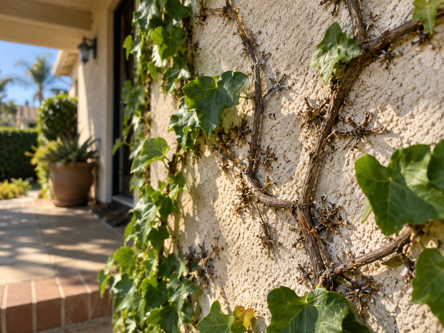 close-up of ivy holdfasts on a sunlit stucco wall beside a West Covina front porch