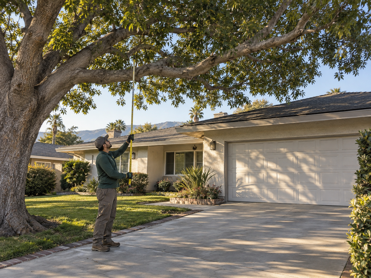 crew member on the ground measuring clearance under overhanging limbs above a West Covina driveway beside a single-story home