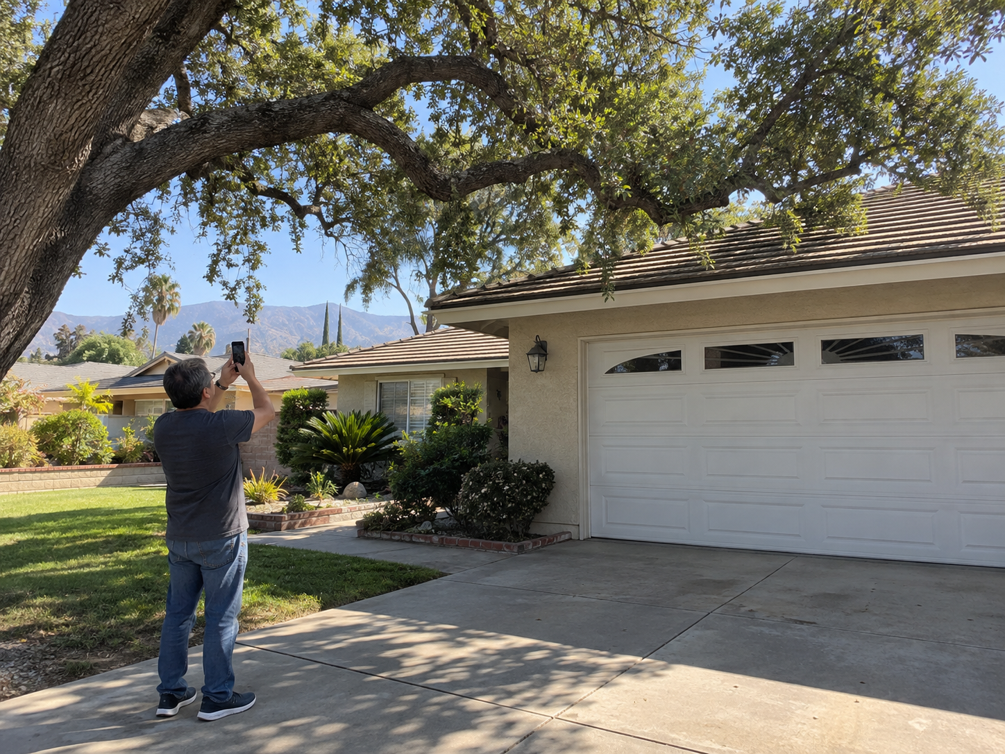 homeowner standing in a West Covina driveway photographing low oak limbs hanging toward a garage roofline at mid-morning