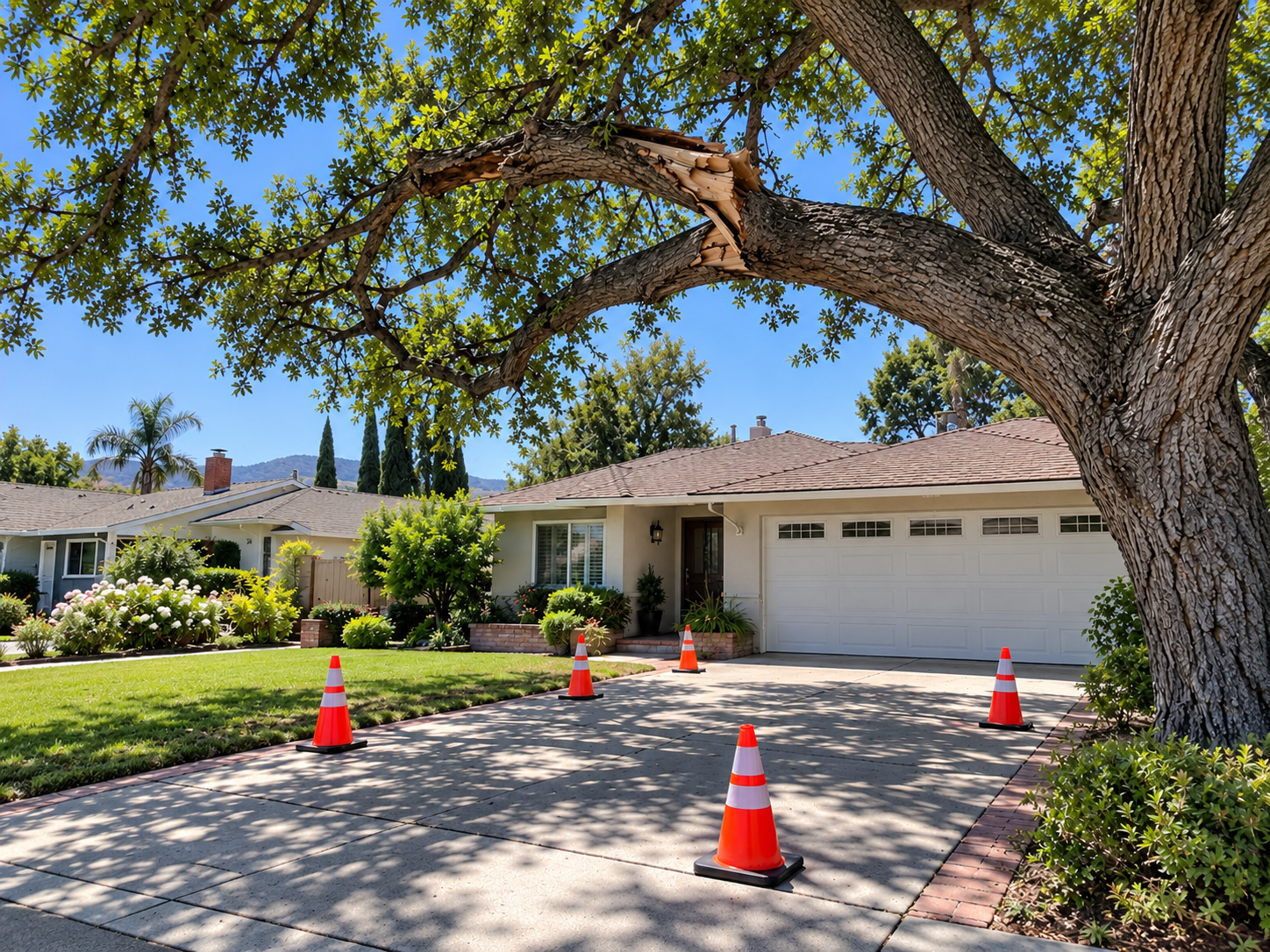 photographic view of a cracked oak limb suspended above a West Covina driveway with cones marking the fall path
