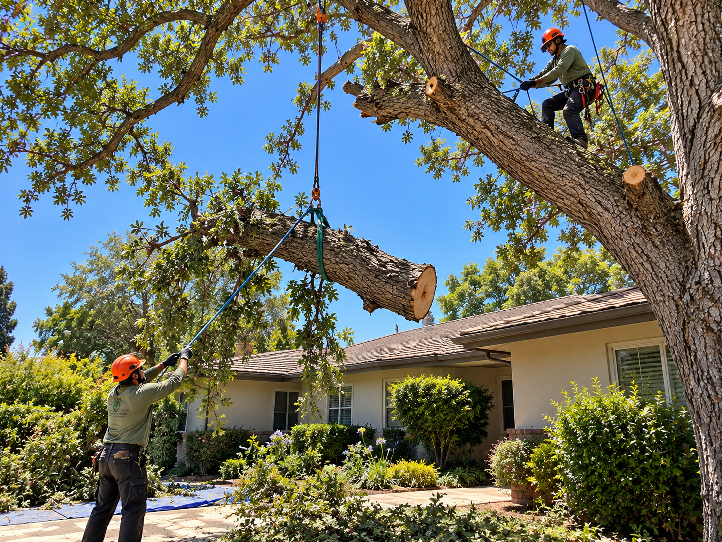 crew using ropes to lower a sectioned limb away from a single-story West Covina home