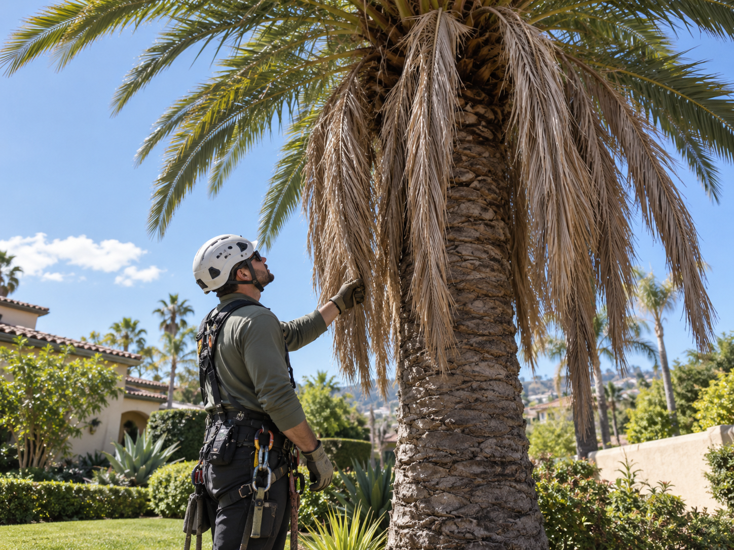 Professional arborist inspecting dead lower fronds on a mature palm tree