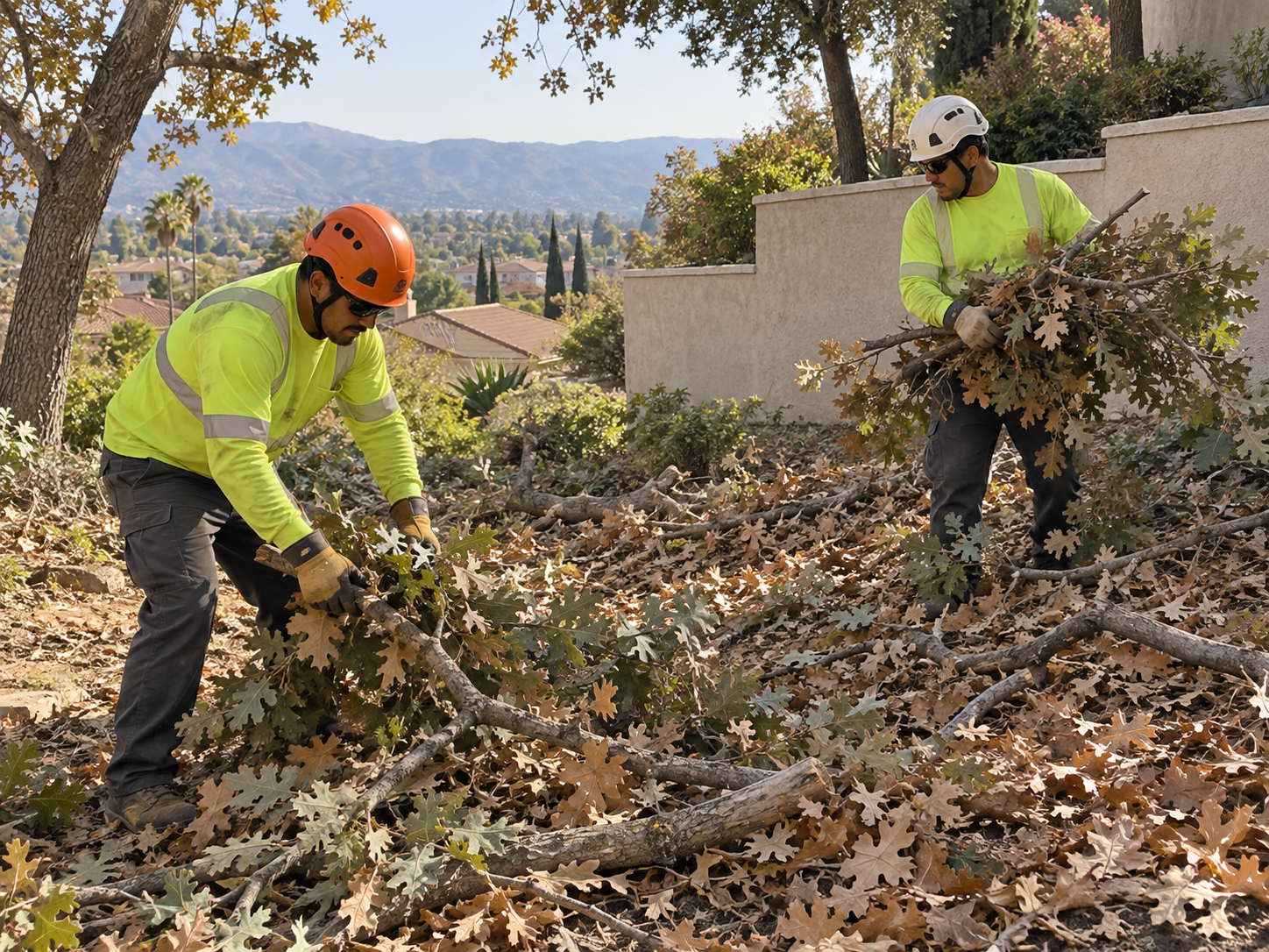 Two workers sorting wind-blown oak limbs from leaf litter on a West Covina hillside lot near a stucco wall