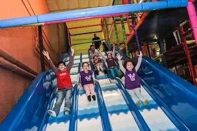 Tree Removal Service West Covina -Children joyfully slide down a multi-lane blue slide at an indoor playground.