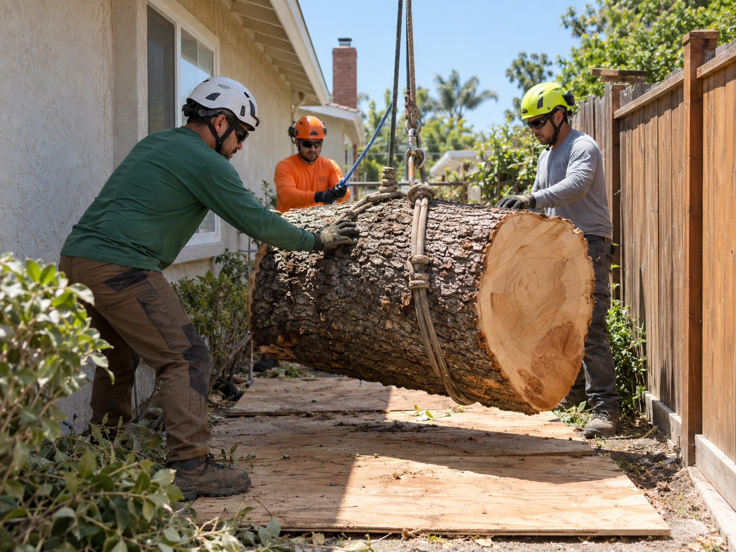 Ground crew guiding a lowered oak section onto plywood mats between a ranch house wall and a side-yard fence in West Covina