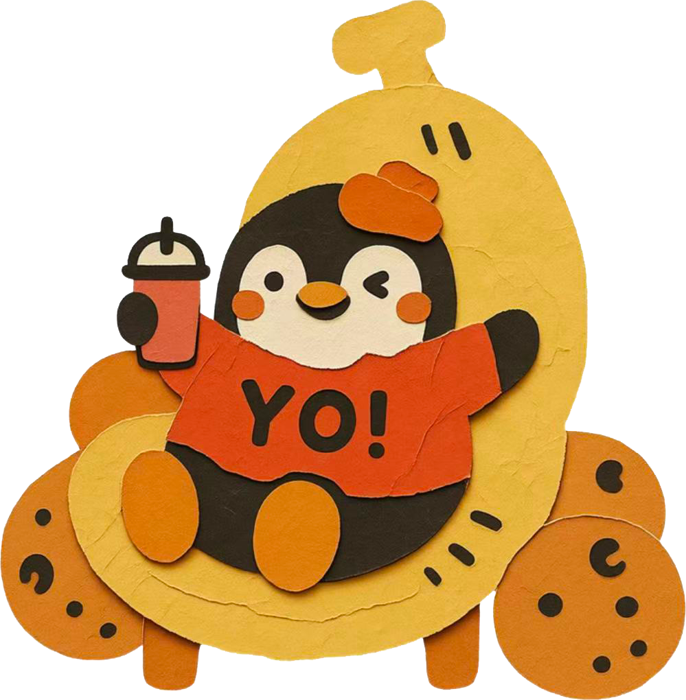 Cute penguin in an orange shirt saying “YO!” while sitting in a yellow ride-like shape with wheels