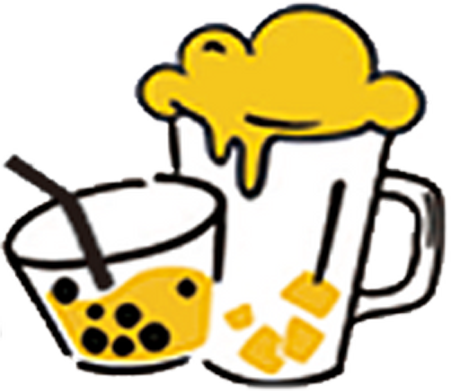 Bubble tea drink with black pearls next to a mug topped with whipped cream and orange cubes