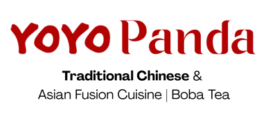 Yoyo Panda restaurant logo with red and black text: Traditional Chinese, Asian Fusion Cuisine, and Boba Tea