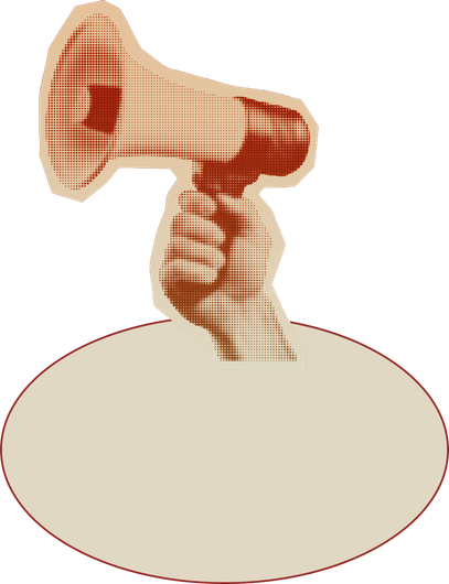 Hand holding a megaphone above an empty oval sign background