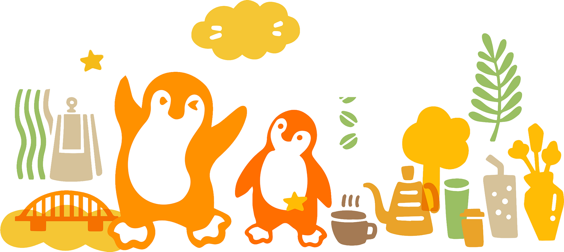 Stylized orange and green penguins with autumn leaves, jars, and snacks on a white background