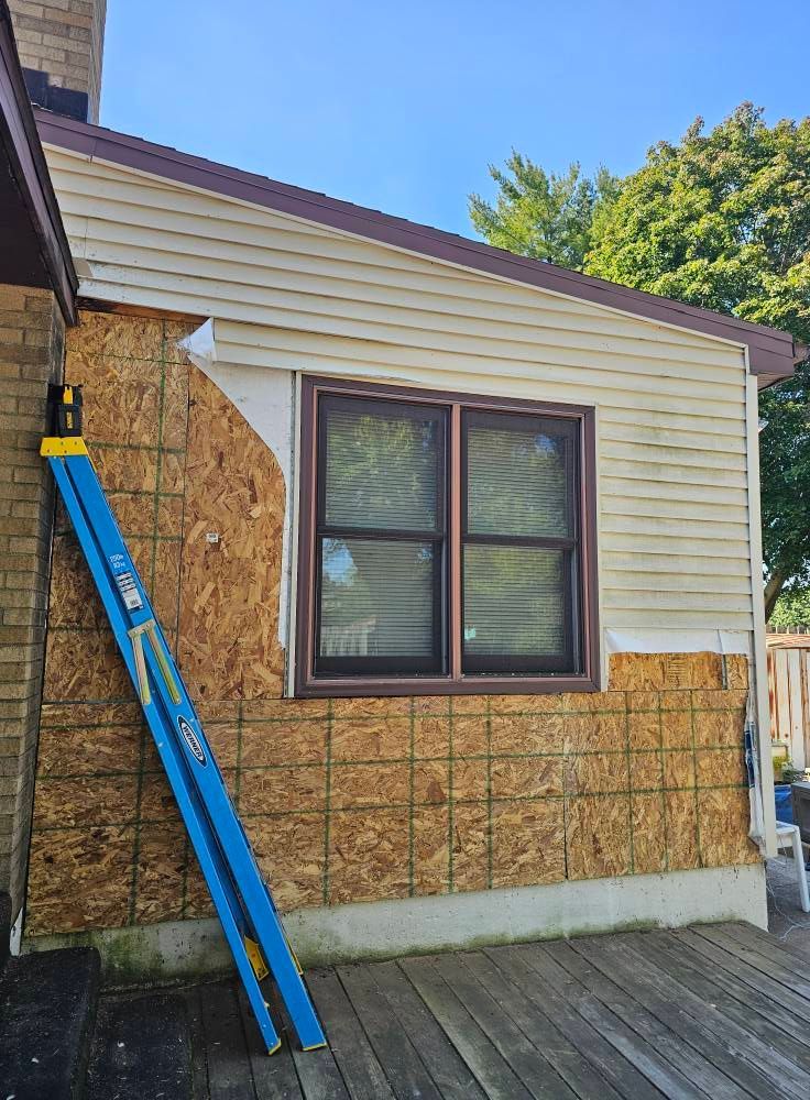 A blue ladder leans against the exterior wall of a home with exposed plywood sheathing and partial vinyl siding.