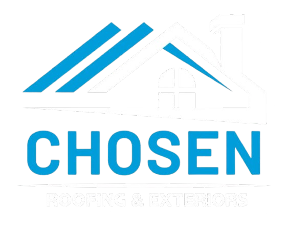 A logo for "CHOSEN Roofing & Exteriors" featuring a blue roof icon above the blue text.