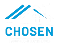 A logo for "CHOSEN Roofing & Exteriors" featuring a blue roof icon above the blue text.