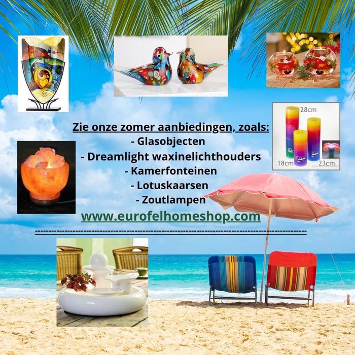 Voorjaarsaanbiedingen. Glasobjecten, dreamlight waxinelichthouders, kamerfonteinen, lotuskaarsen en zoutlampen