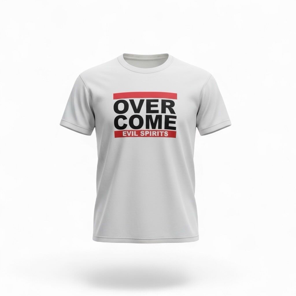 Light gray T-shirt with bold black and red text reading “OVERCOME EVIL SPIRITS”