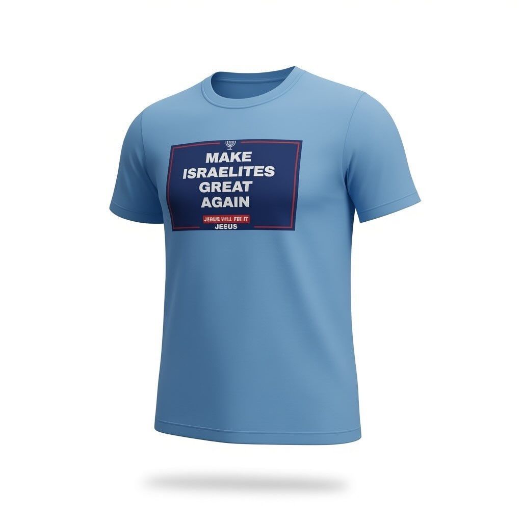 Light blue T-shirt with a dark blue “Make Israelites Great Again” graphic on the chest