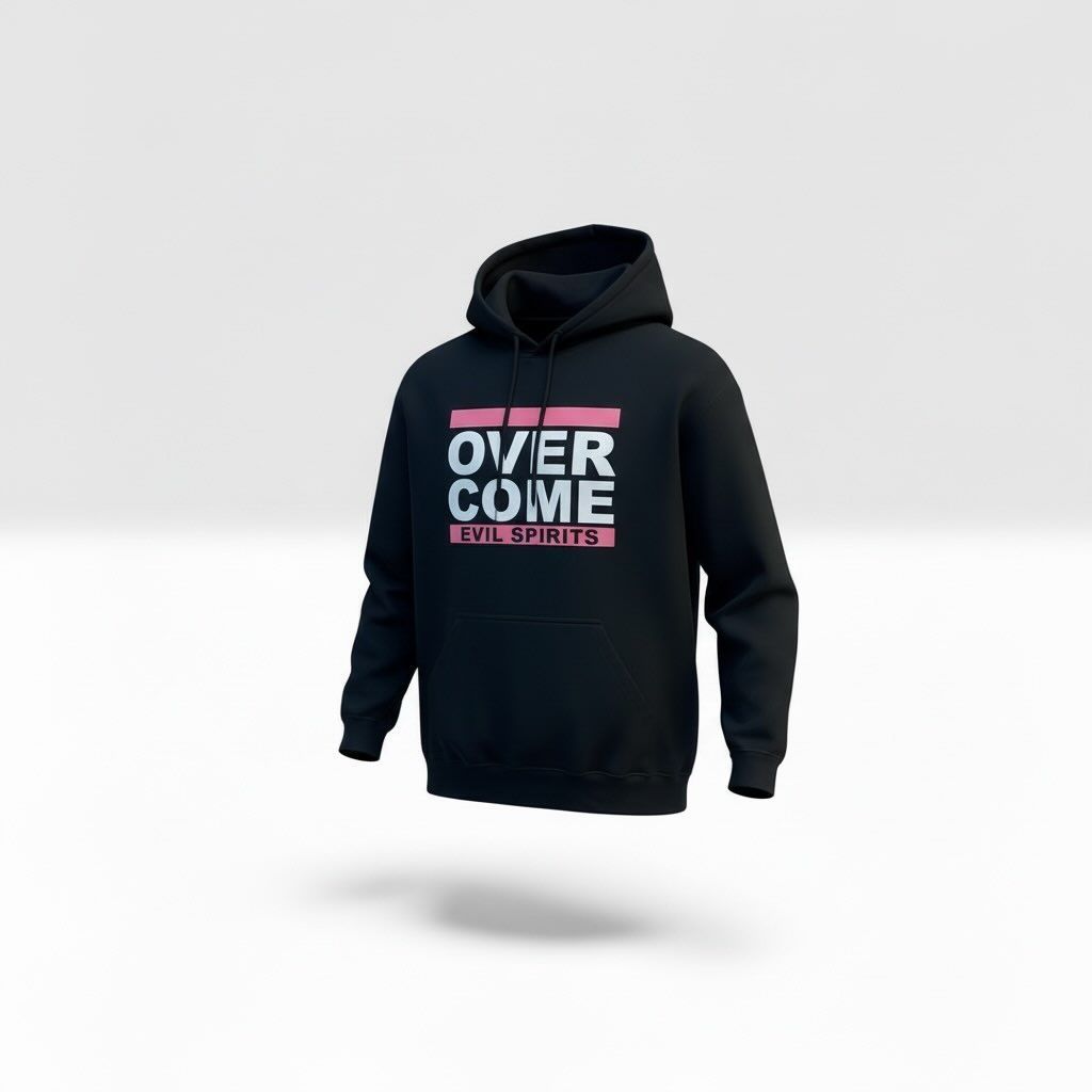 Black hoodie with “OVER COME” graphic on a white background
