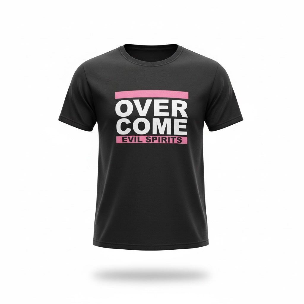 Black T-shirt with bold text reading “OVER COME EVIL SPIRITS” in white and pink.