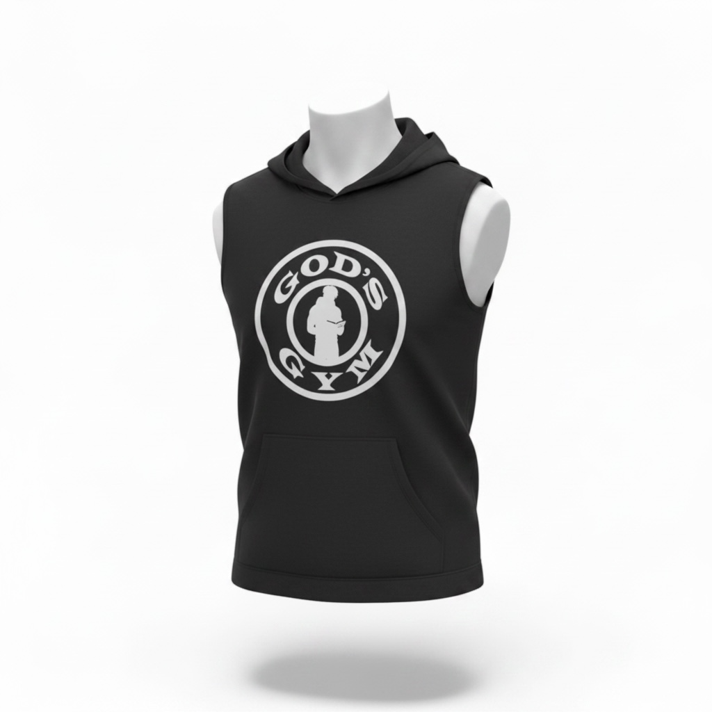 White sleeveless hooded shirt with a circular black logo on the chest, shown front view on a plain background
