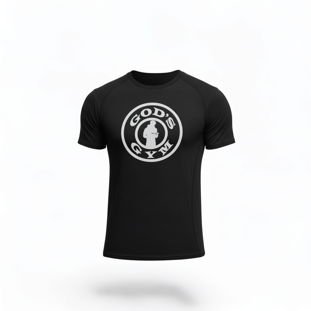 Black T-shirt with a circular white logo on the chest, shown on a white background.