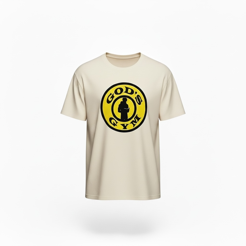 Black T-shirt with a circular white logo on the chest, shown on a white background.