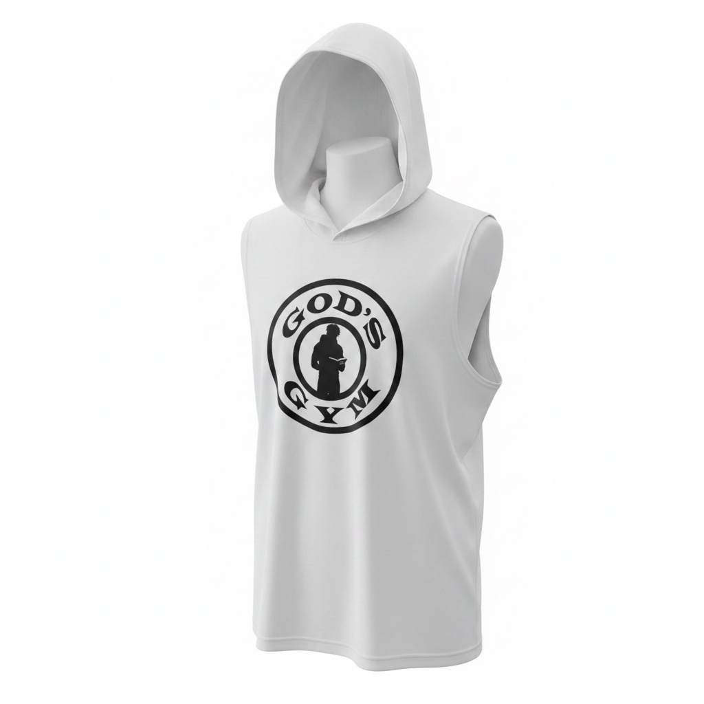 White sleeveless hooded shirt with a circular black logo on the chest, shown front view on a plain background