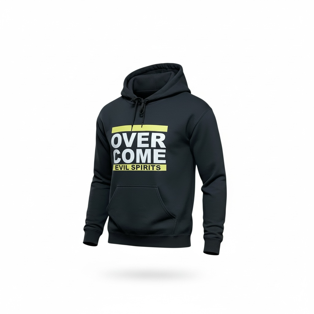 Black hoodie with pink and white “OVERCOME” text on the front, isolated on a white background