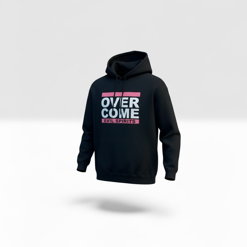 Black hoodie with pink and white “OVERCOME” text on the front, isolated on a white background