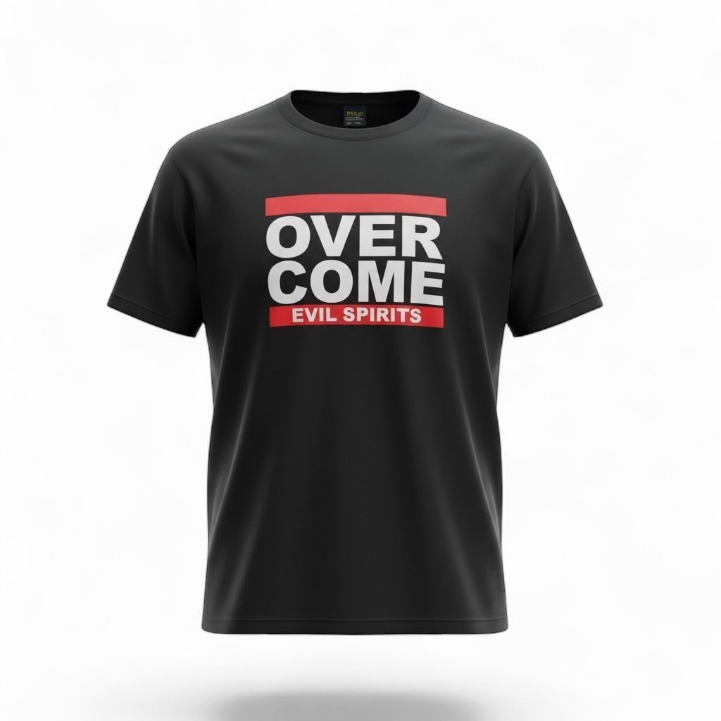 Black T-shirt with “OVER COME EVIL SPIRITS” text in white and red.
