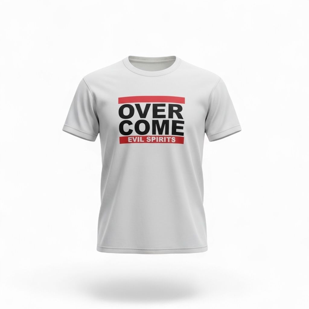 Black T-shirt with “OVER COME EVIL SPIRITS” text in white and red.