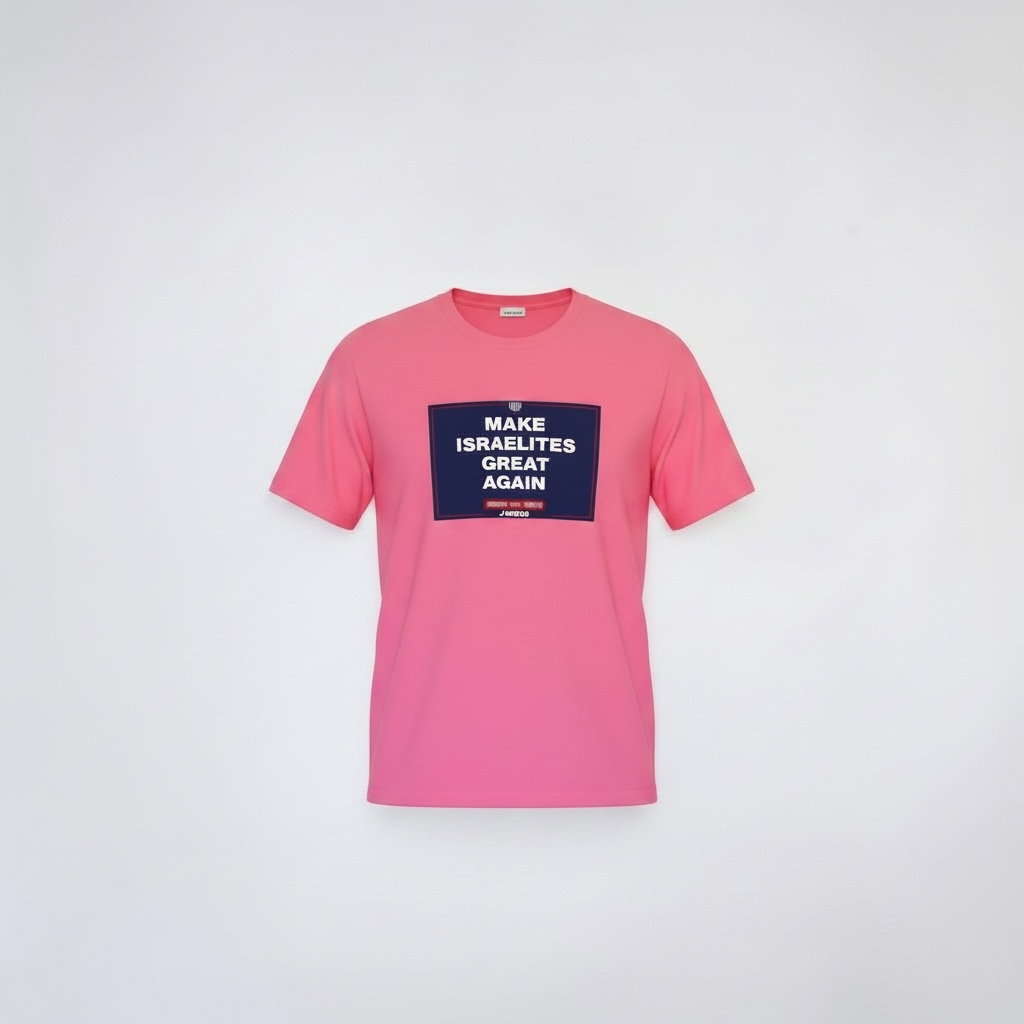 Pink T-shirt with a navy graphic text block centered on the chest against a light background