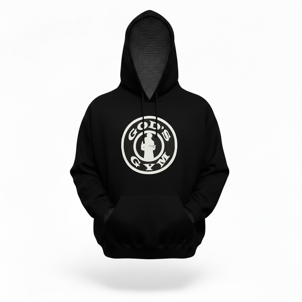 Black hoodie with “OVERCOME” text and yellow accents on the chest, shown on a white background