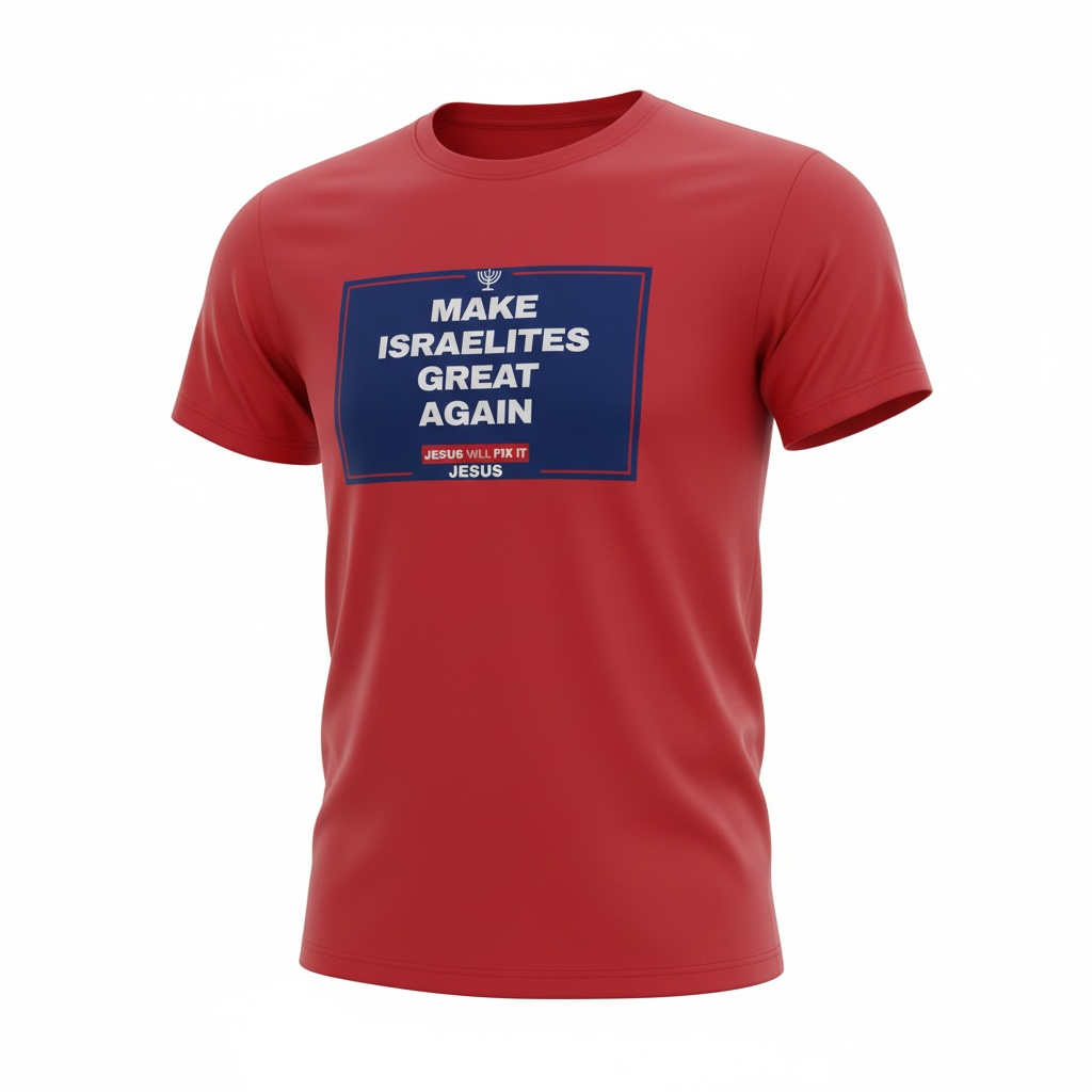 Red T-shirt with a blue “MAKE ISRAELITES GREAT AGAIN” slogan graphic on the chest.