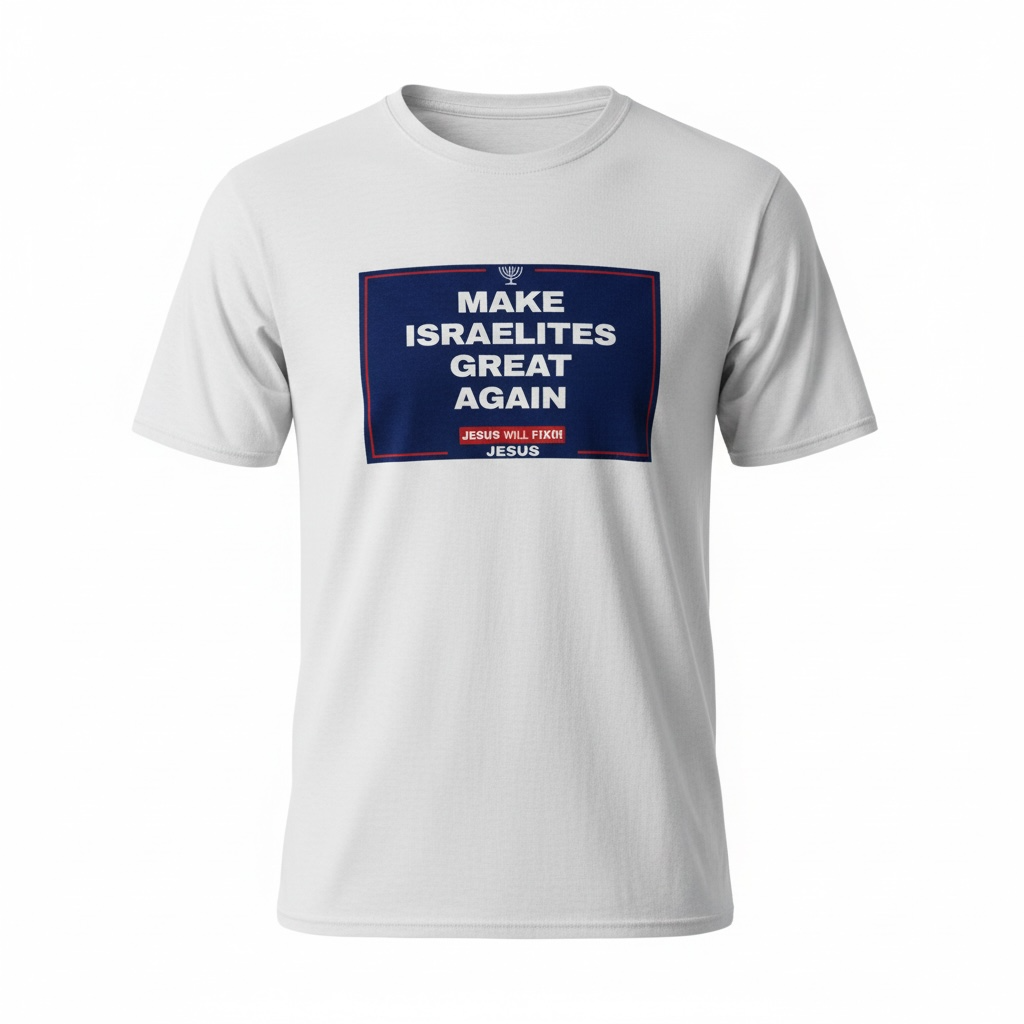 Red T-shirt with a blue “MAKE ISRAELITES GREAT AGAIN” slogan graphic on the chest.