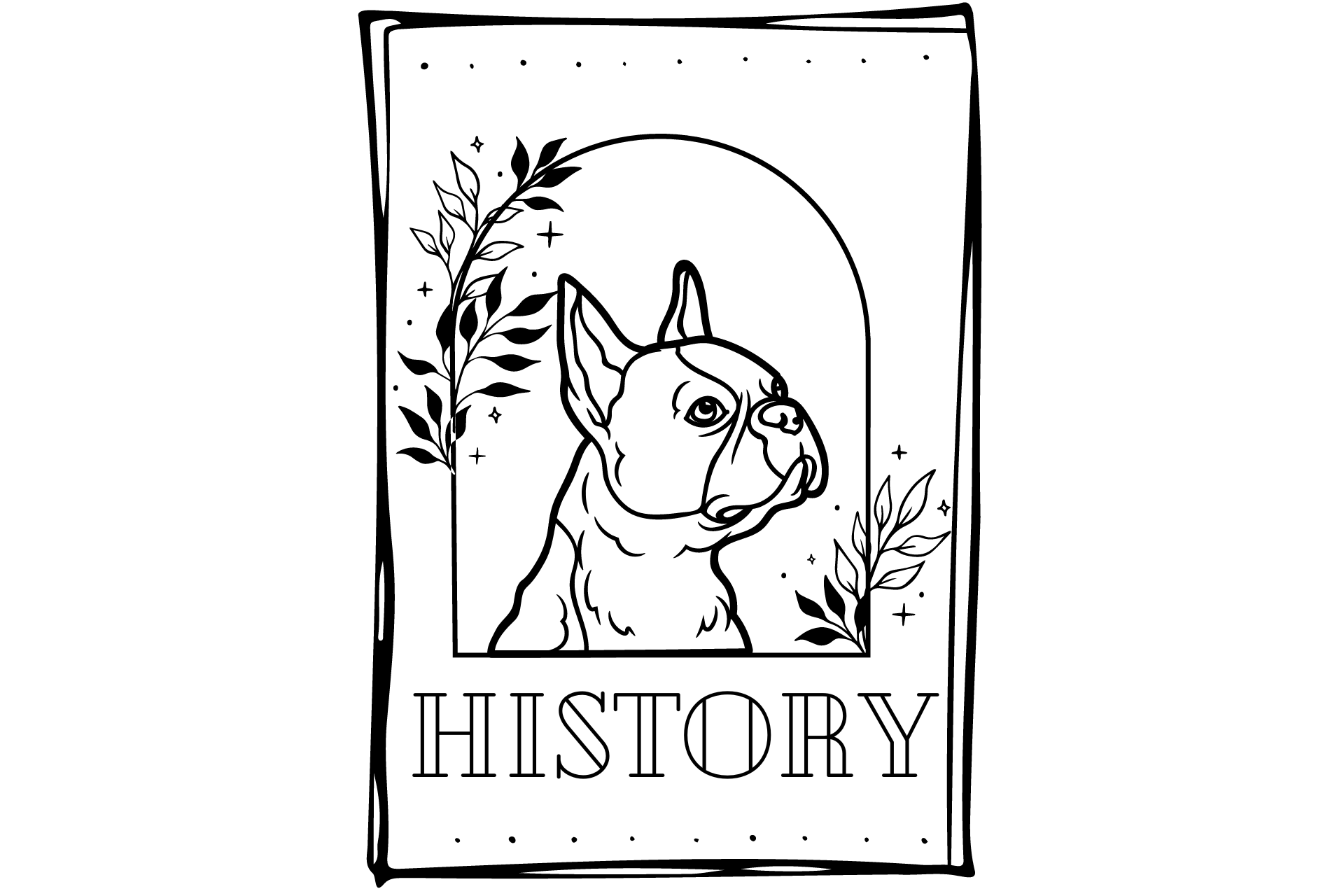 A black and white drawing of a french bulldog.