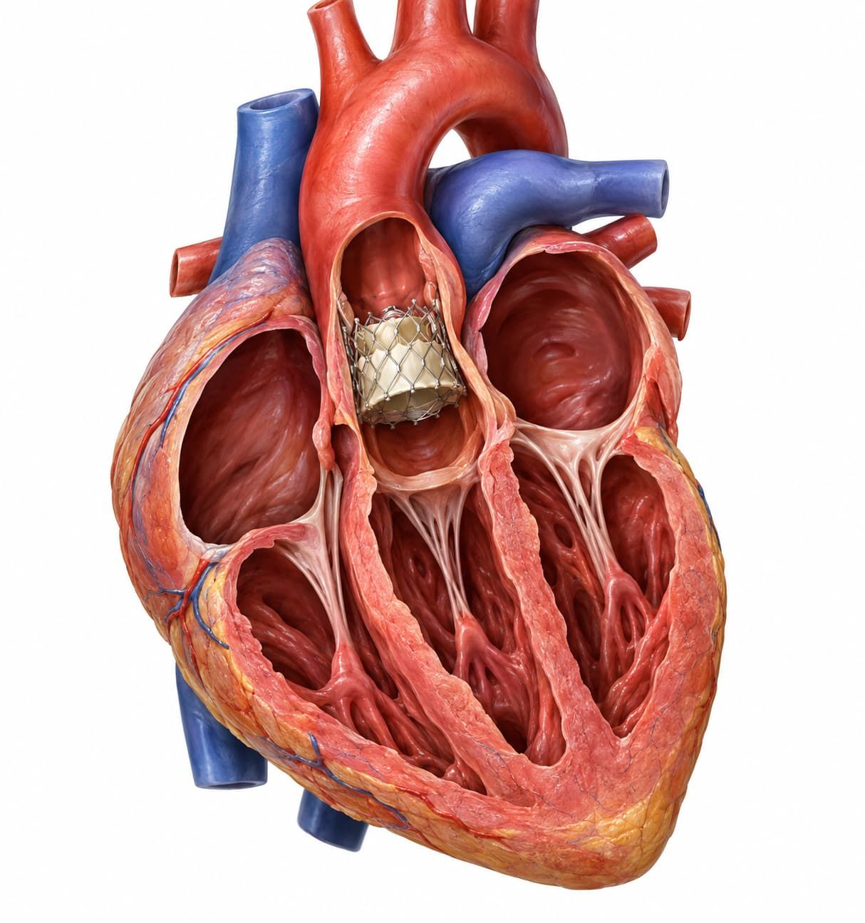 Coração humano com a prótese usada na cirurgia de válvula pela virilha, posicionada na válvula aórti
