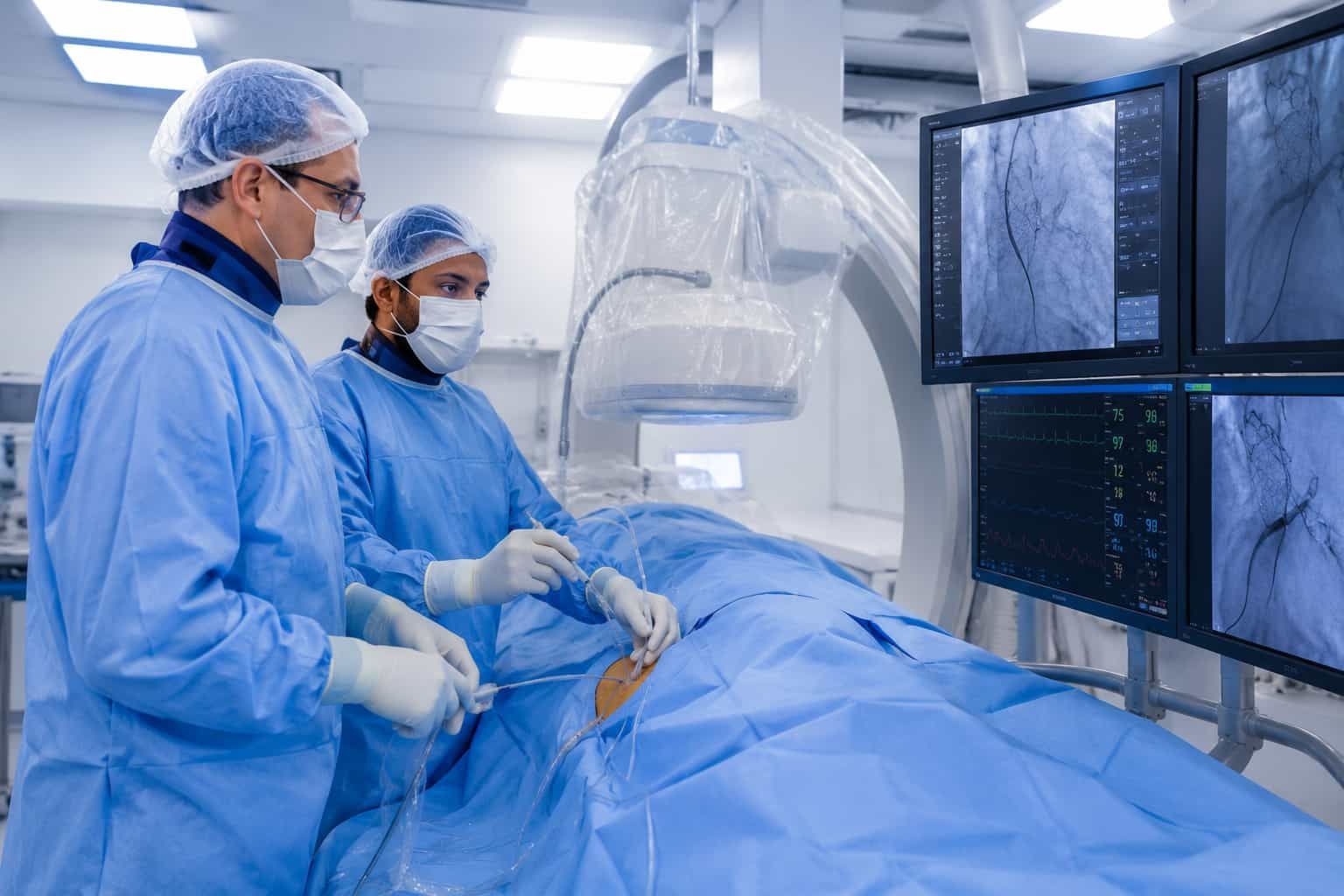Equipe médica realizando cirurgia menos invasiva da válvula do coração em ambiente hospitalar