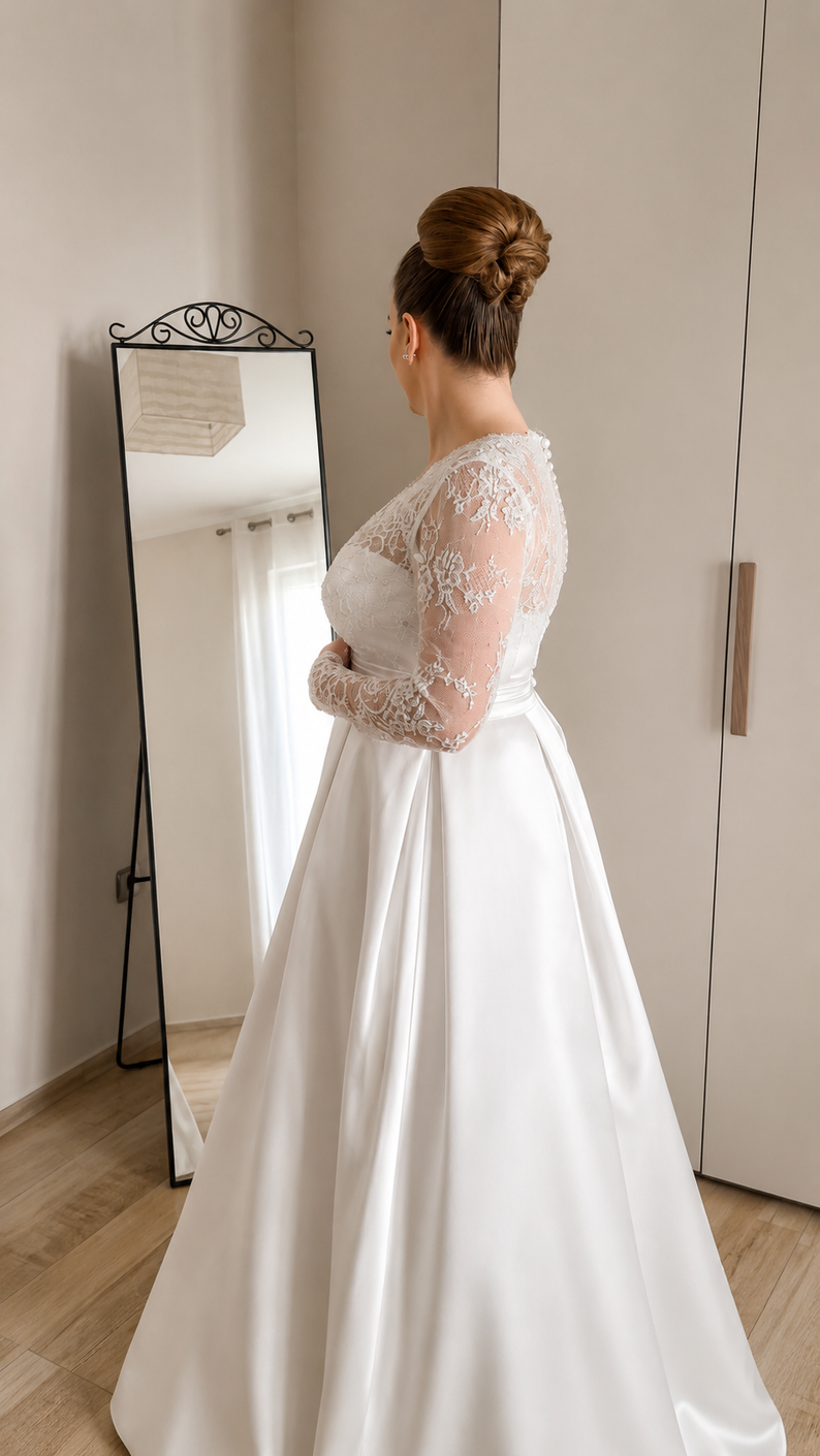 Tre abiti da sposa affiancati in atelier sartoriale