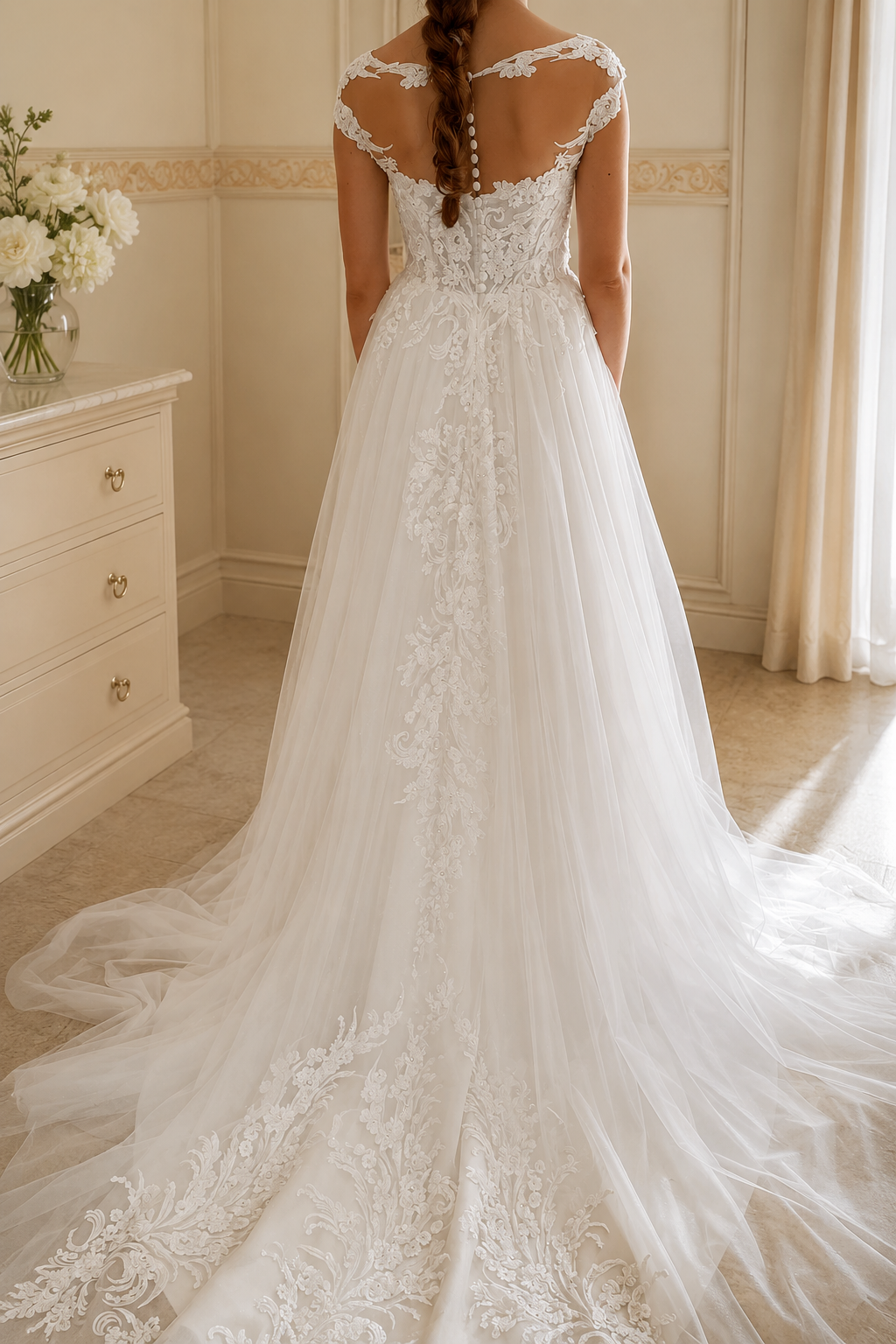 Abito da sposa su misura con ricami in pizzo, dettaglio corpino, Annalisa Manfredonia Atelier