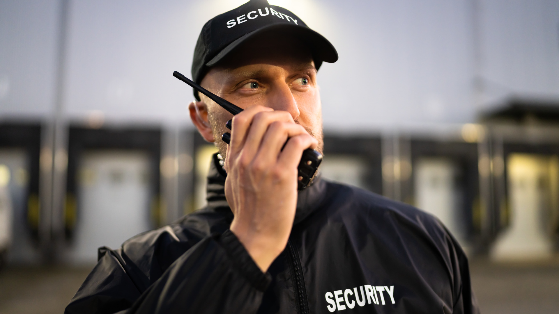 Security guard in black uniform and cap uses a walkie-talkie outdoors at dusk.