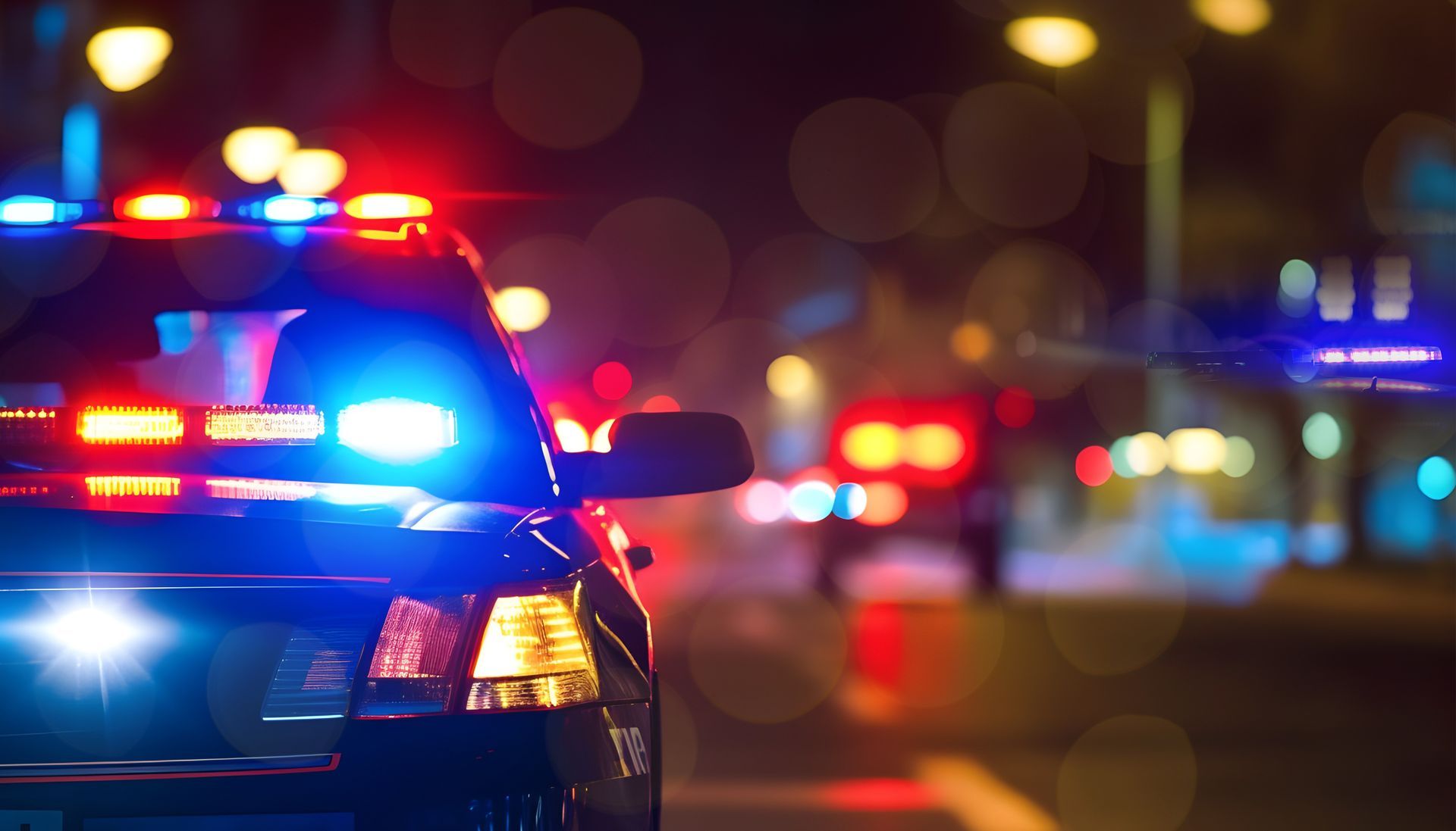 Police car with flashing blue and red lights at night.