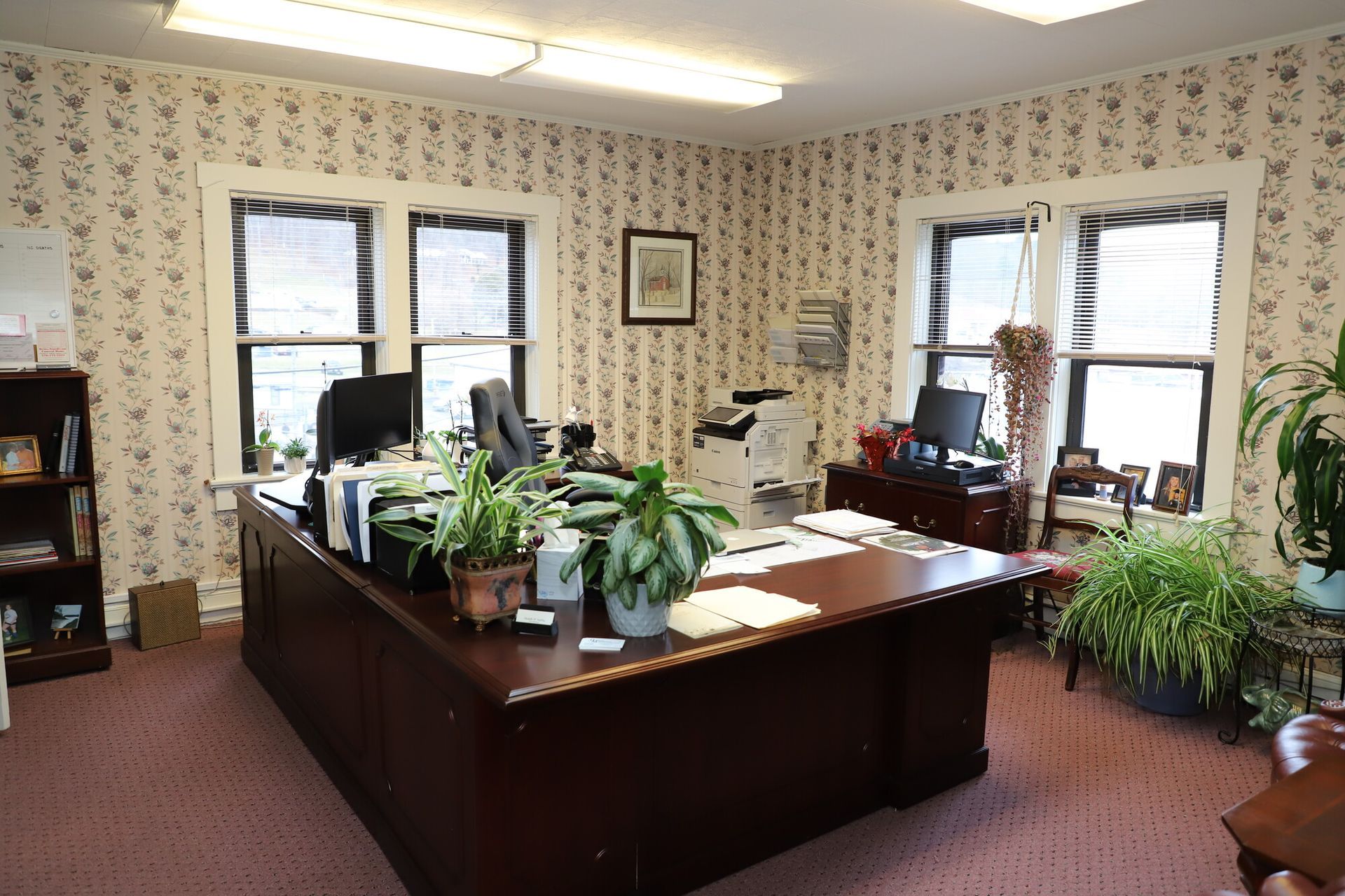 Office interior with desks, computer monitors, plants, and floral wallpaper