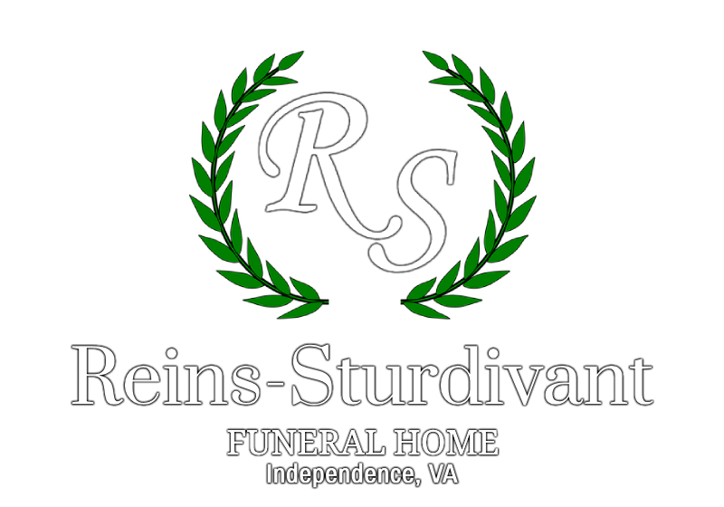 Reins-Sturdivant Funeral Home logo with green laurel wreath and RS monogram in Independence, VA