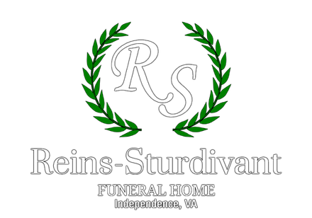 Reins-Sturdivant Funeral Home logo with green laurel wreath and RS monogram in Independence, VA